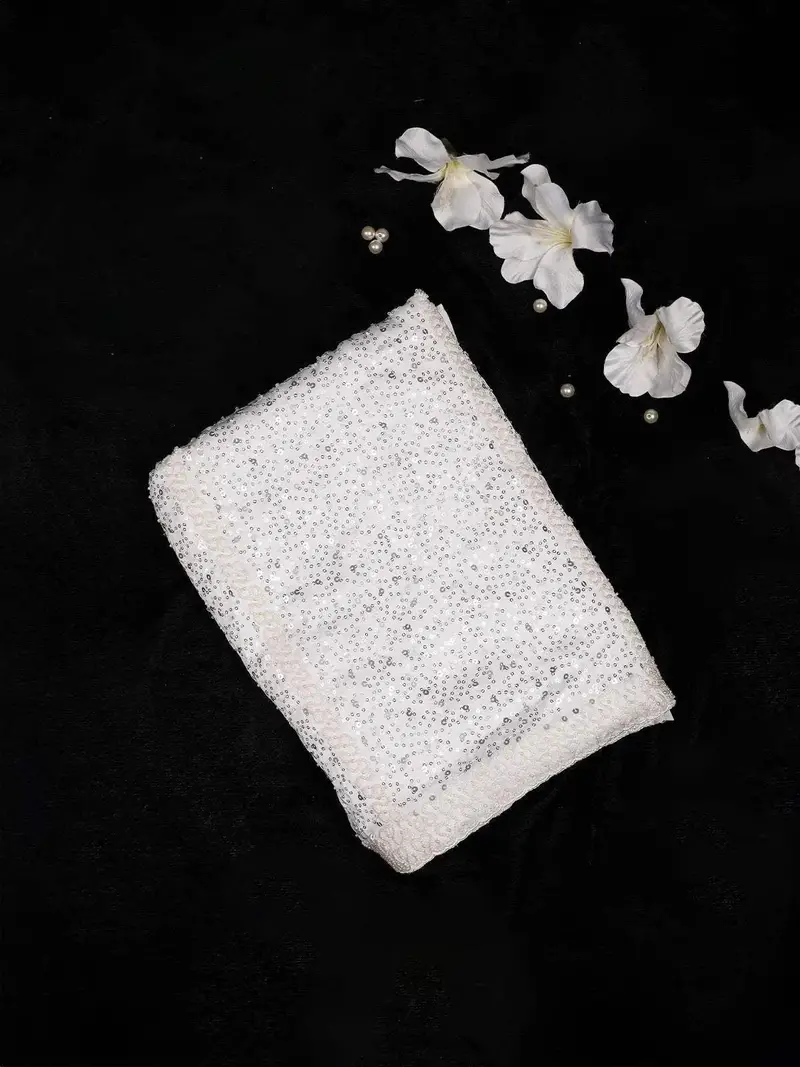 White Georgette Bridal Saree With Sequins And Beads Design On The Body Without Border 1