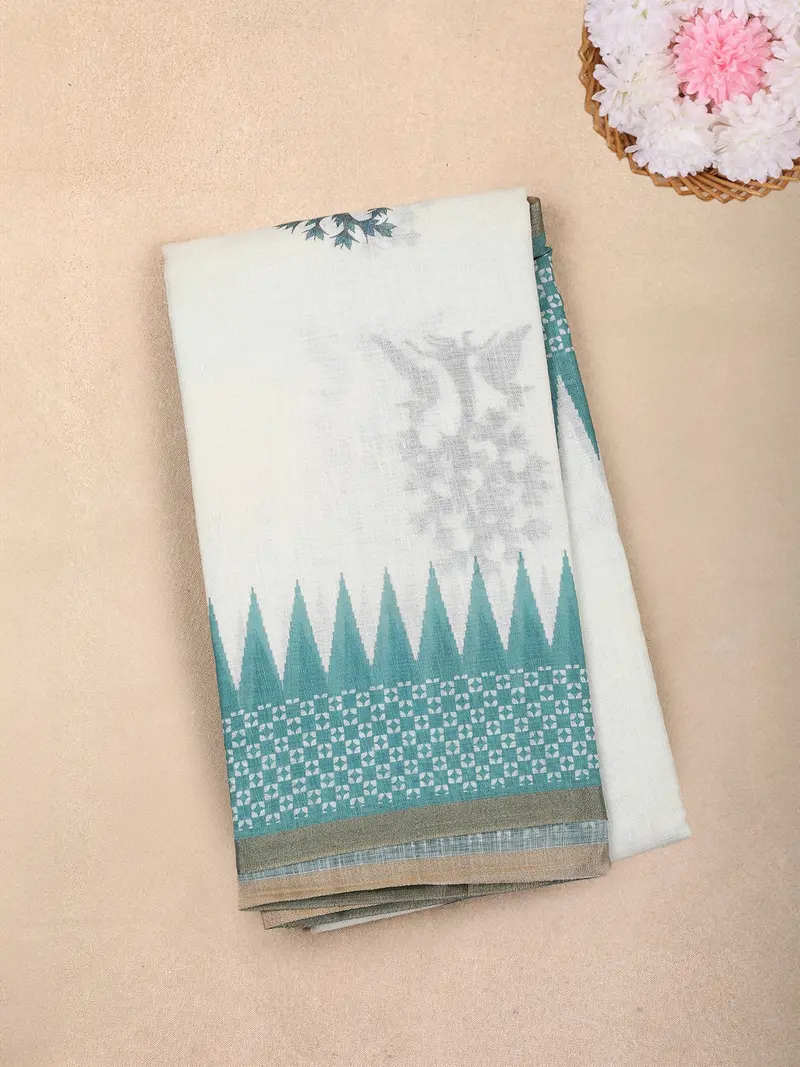 White Ikat Printed Design Linen Cotton Saree With Contrast Blue Border 1
