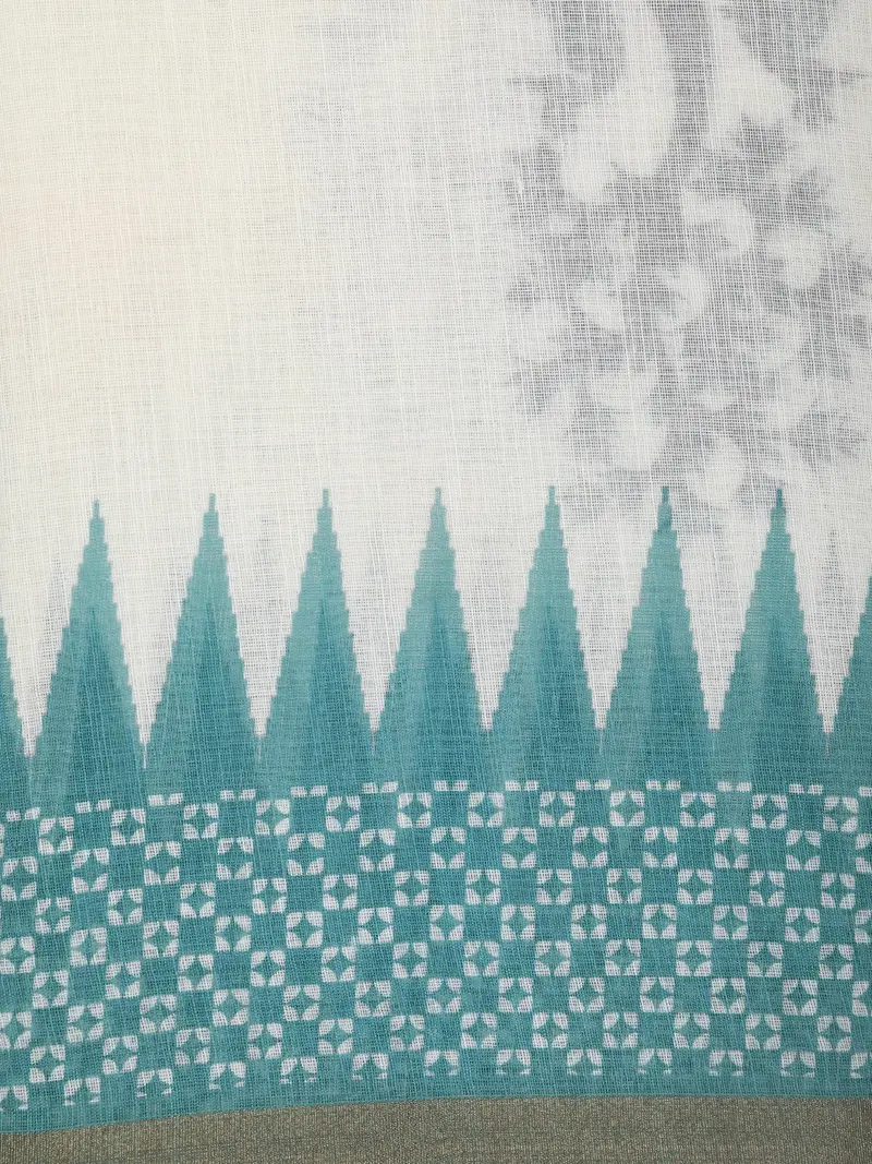White Ikat Printed Design Linen Cotton Saree With Contrast Blue Border 2