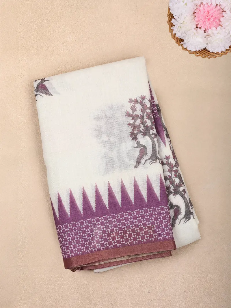 White Ikat Printed Design Linen Cotton Saree With Contrast Purple Border 1