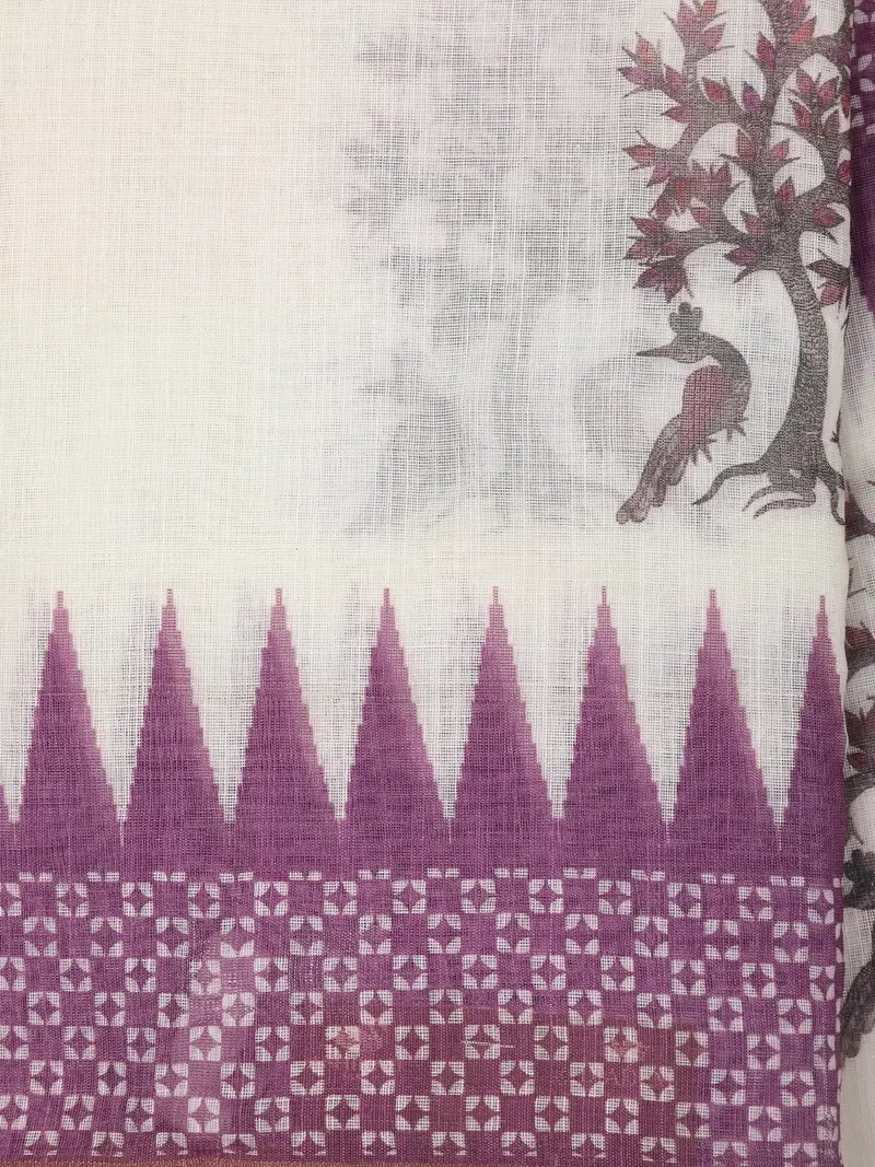 White Ikat Printed Design Linen Cotton Saree With Contrast Purple Border 2