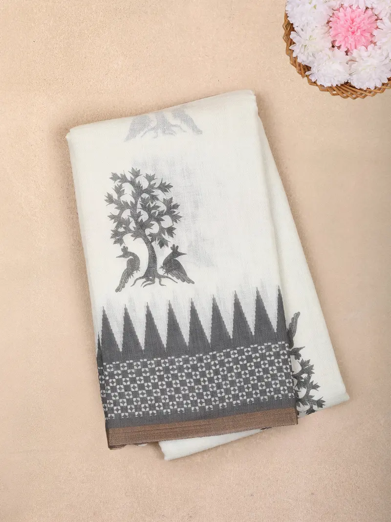 White Ikat Printed Design Linen Cotton Saree With Contrast Woven Border 1