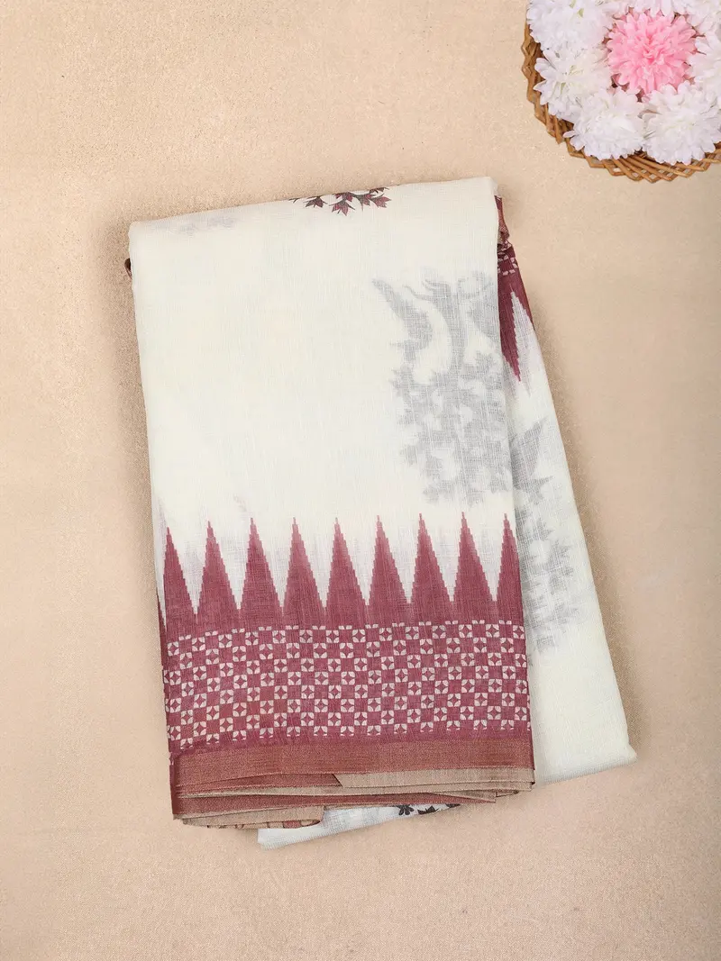 White Ikat Printed Design Linen Cotton Saree With Contrast Woven Border 1