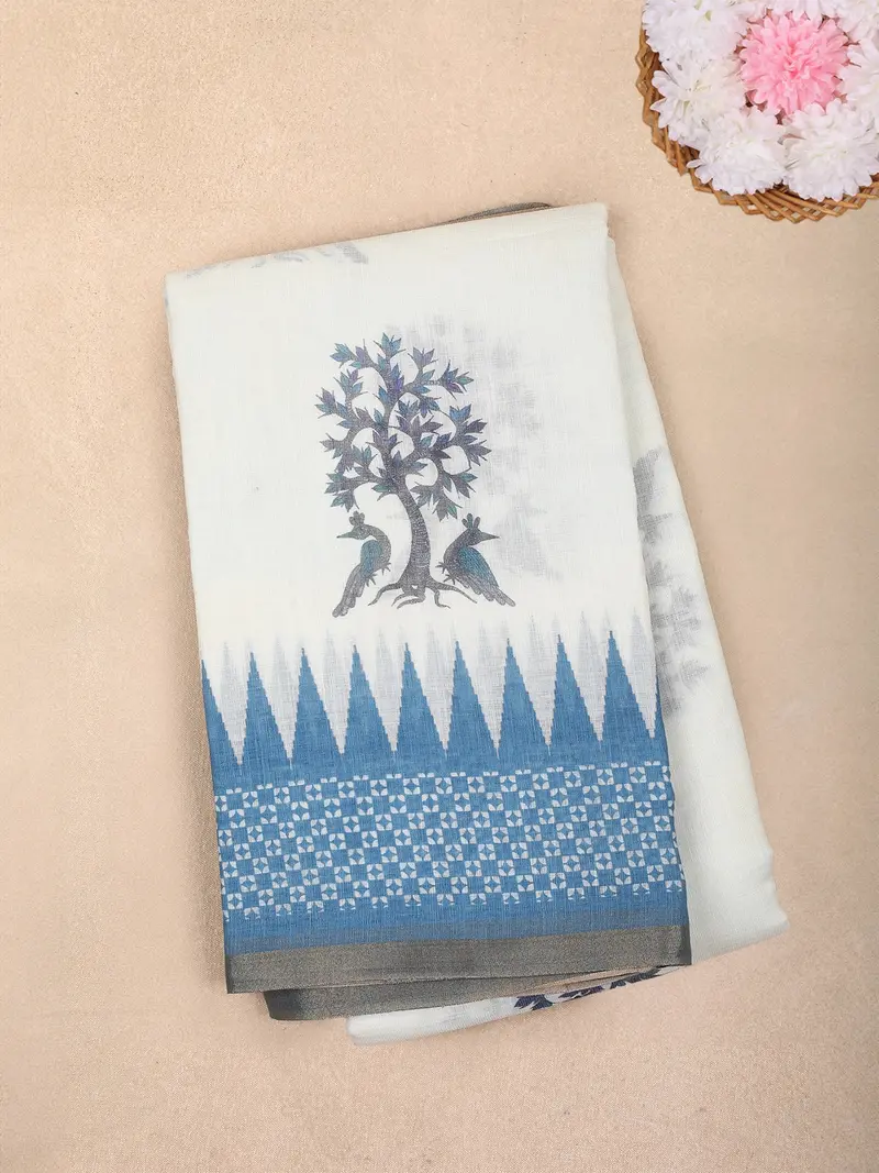 White Ikat Printed Design Linen Cotton Saree With Contrast Woven Border 1