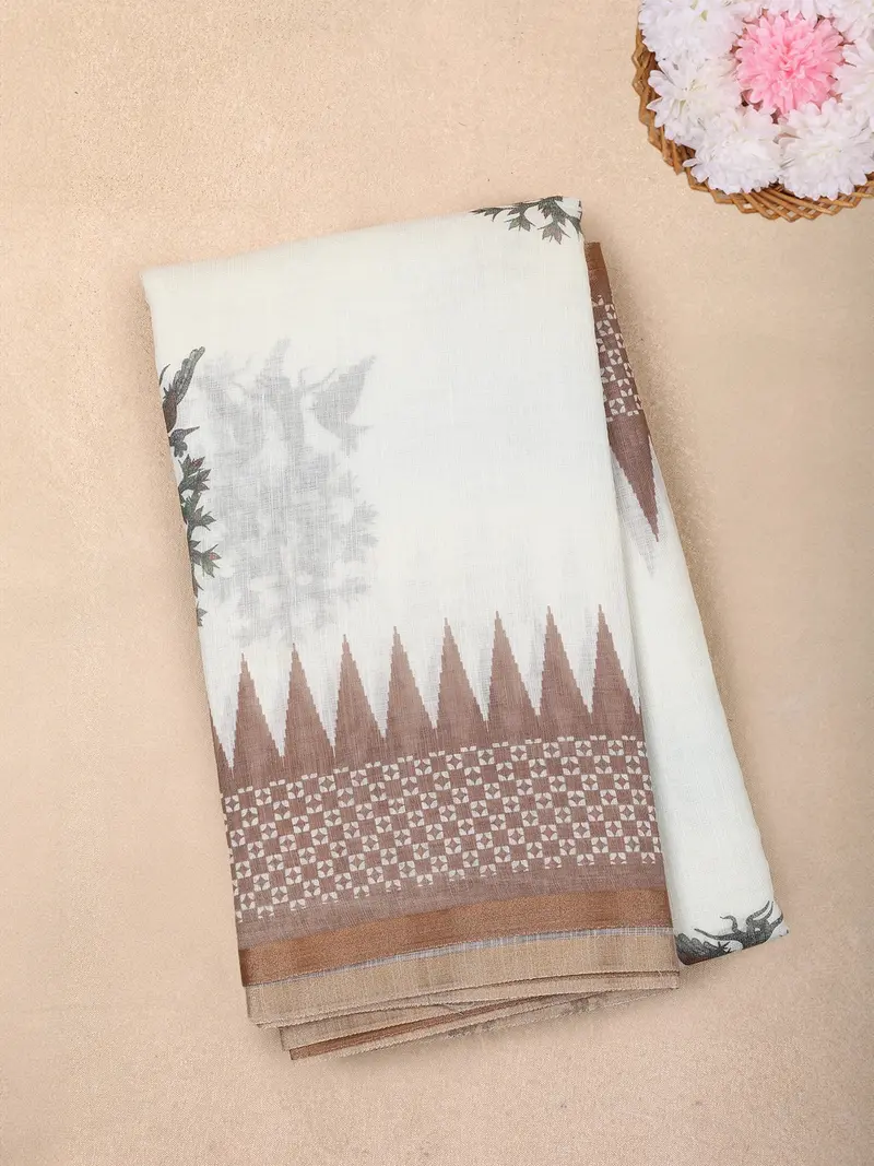 White Ikat Printed Design Linen Cotton Saree With Contrast Woven Border 1