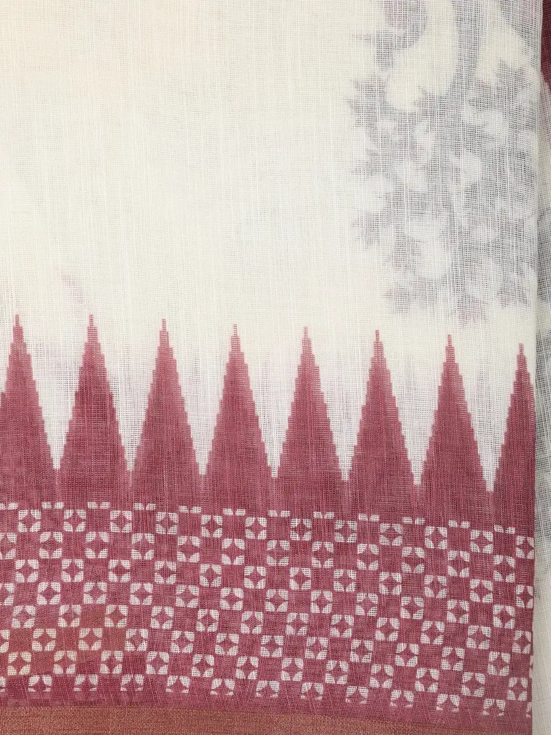 White Ikat Printed Design Linen Cotton Saree With Contrast Woven Border 2