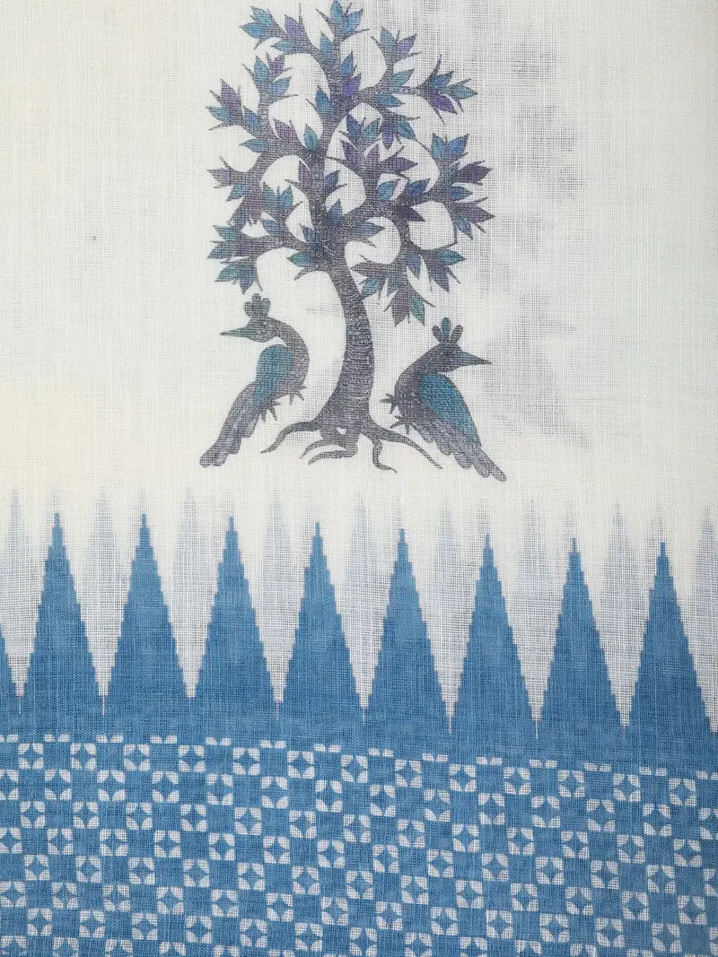 White Ikat Printed Design Linen Cotton Saree With Contrast Woven Border 2
