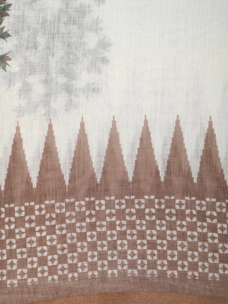 White Ikat Printed Design Linen Cotton Saree With Contrast Woven Border 2