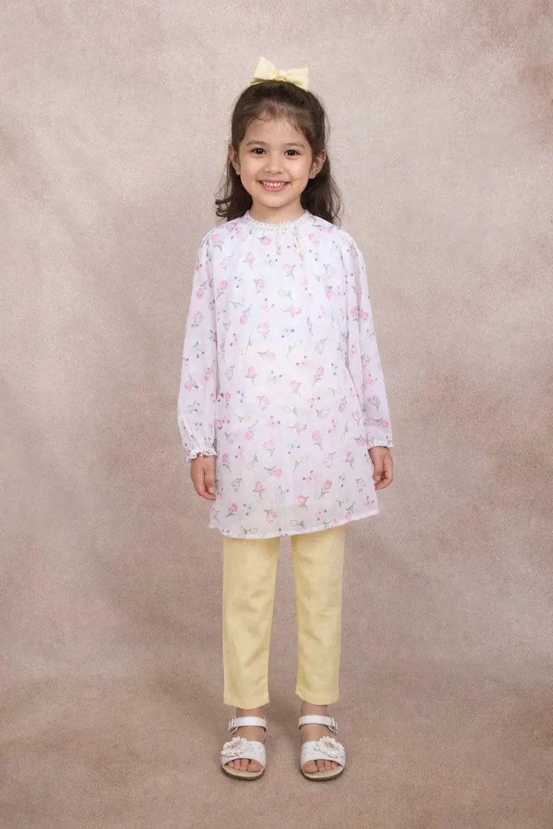White Kids Salwar Suit Adorned With Floral Design With Yellow Pant 1
