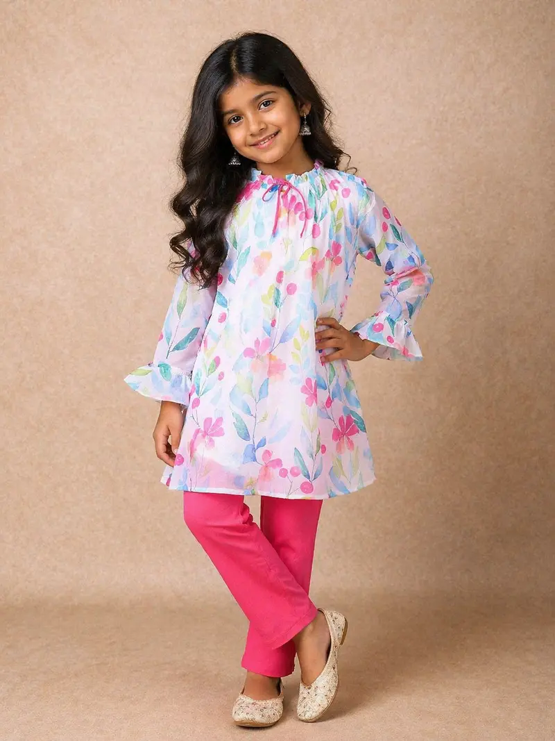 White Kids Salwar Suit Adorned With Flower Designs 1