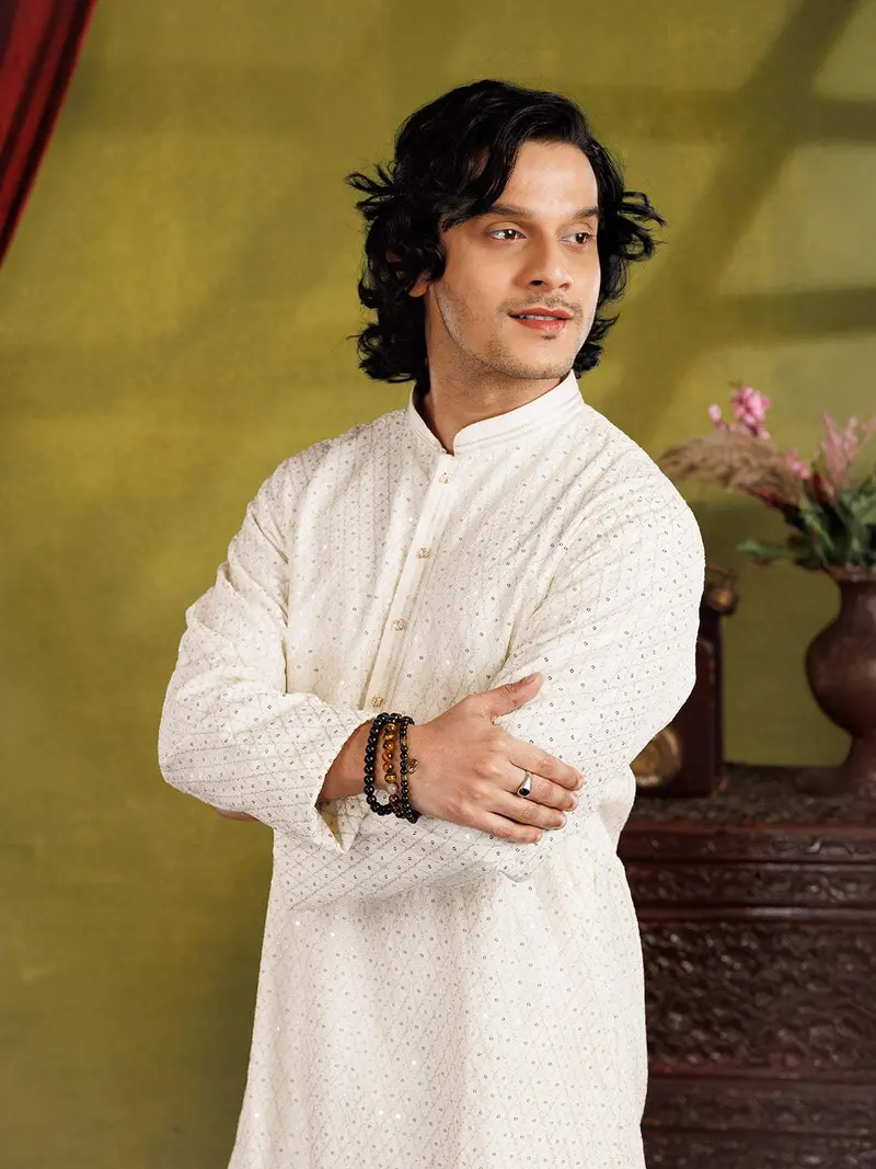 White Kurta Set Sequin Embroidery, With Pant 1