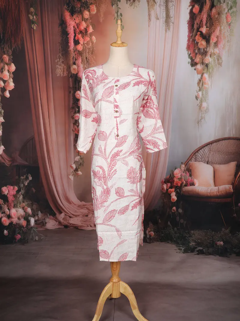 White Leaf Printed Cotton Straight Kurti 1