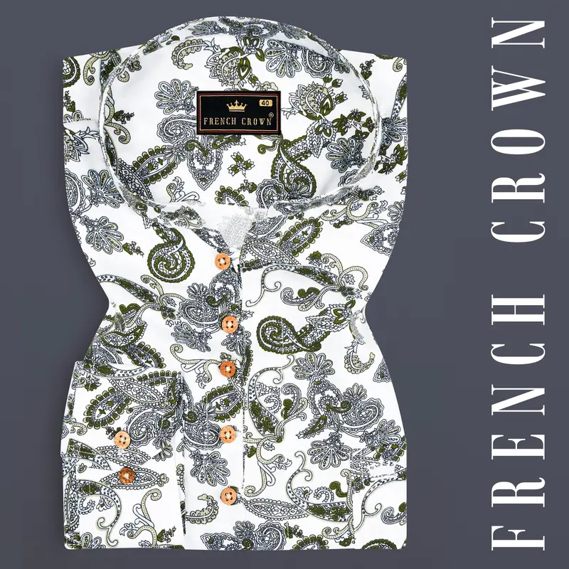 White Lilac And Rifle Green Paisley Printed Tencel Kurta Shirt 1