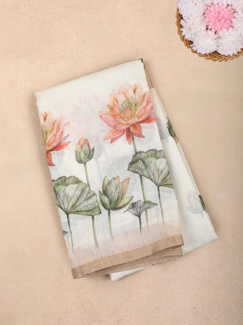 White Lotus Floral Printed Linen Cotton Saree With Subtle Contrast Border 1