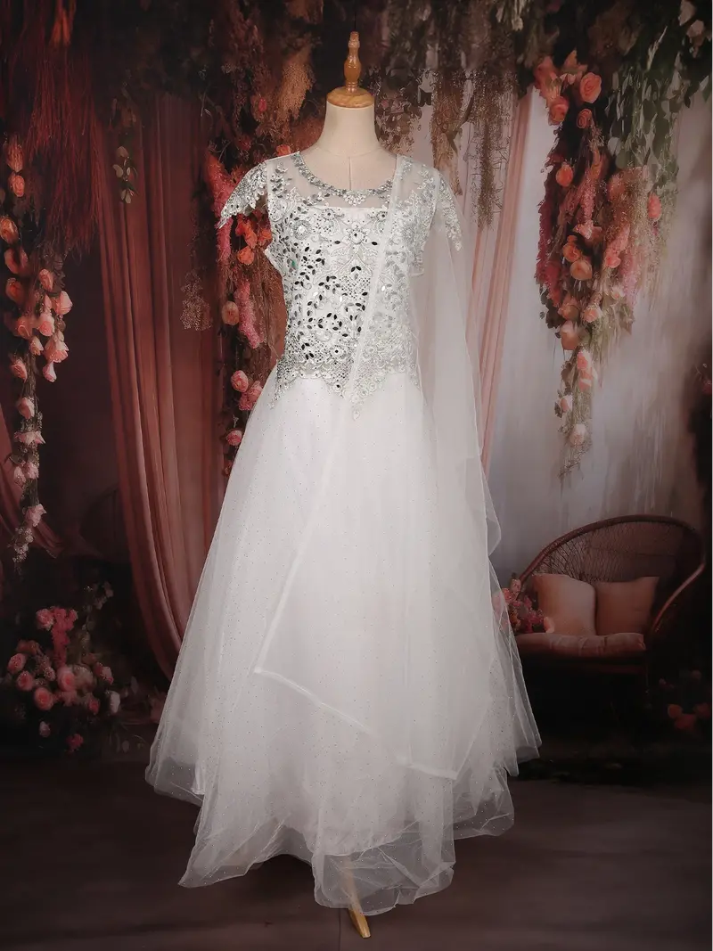 White Mirror And Stone Embellished Design Net Party Wear Gown 1