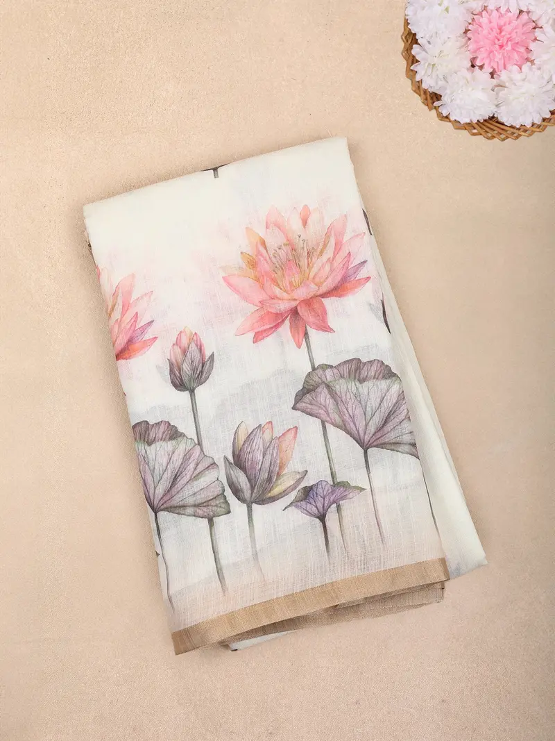 White Multi-Shade Lotus Printed Linen Cotton Saree With Beige Border 1