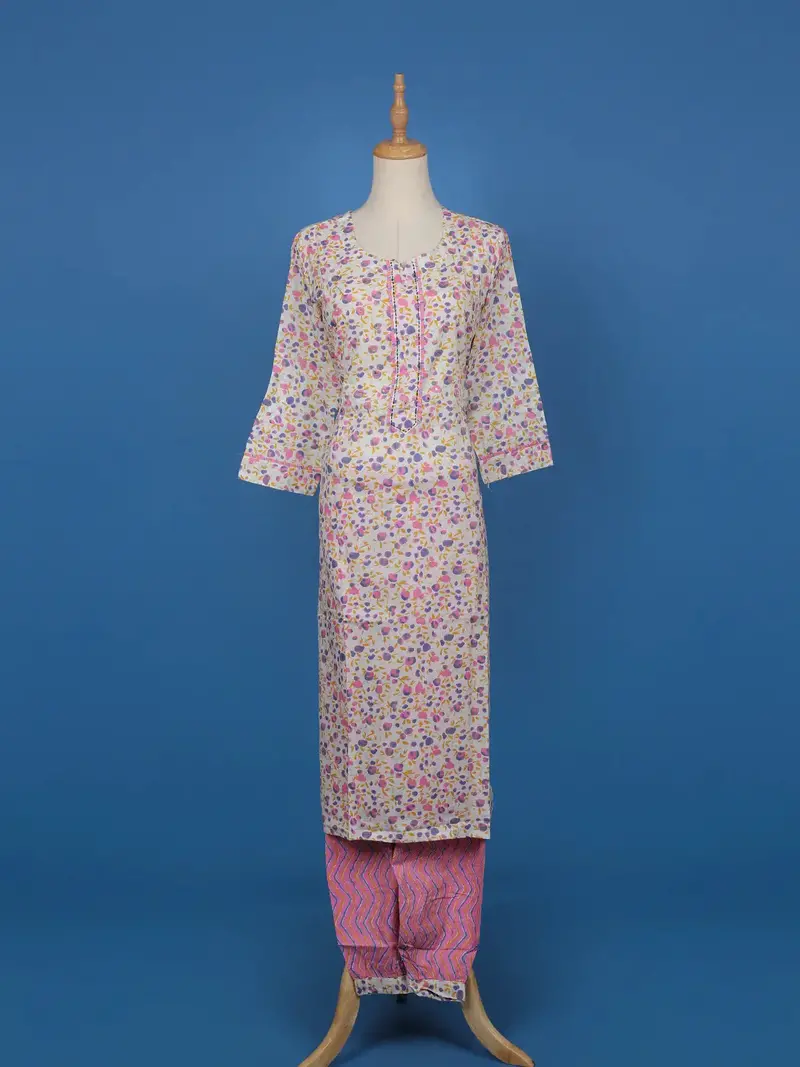 White Multicolor Floral Print Cotton Straight Salwar Suit 1