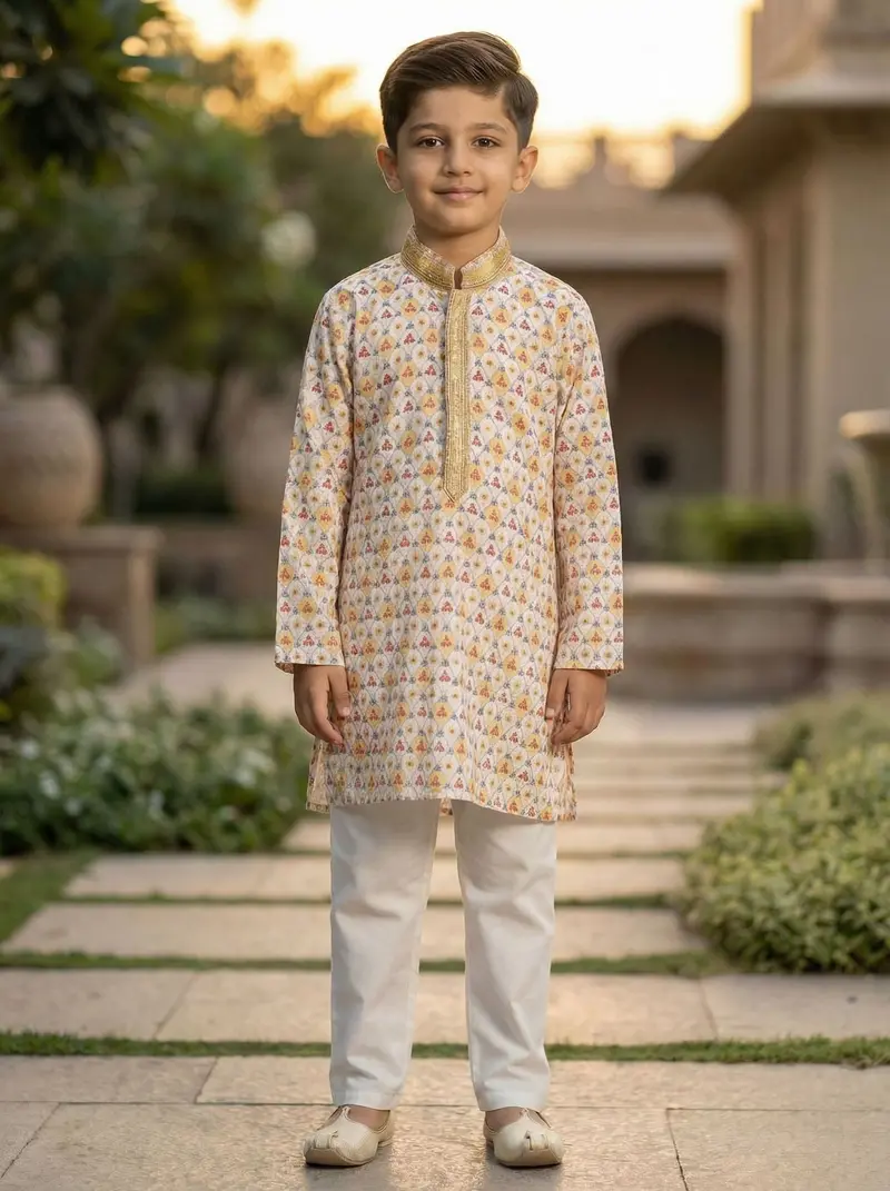 White Multicolor Flotal Woven Design Cotton Kids Kurta Set 1
