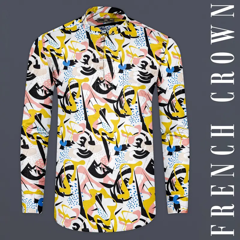 White Multicolour Quirky Printed Premium Cotton Kurta Shirt 1