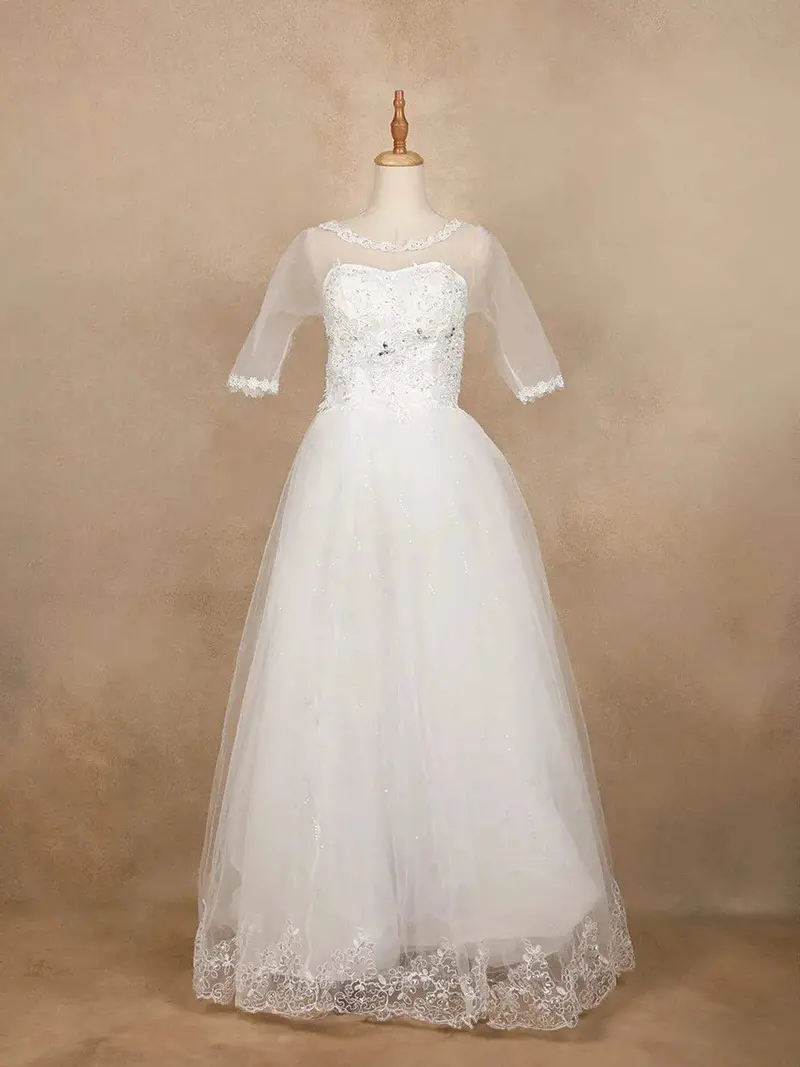 White Net Adorned With Floral Lace Wedding Gown 1