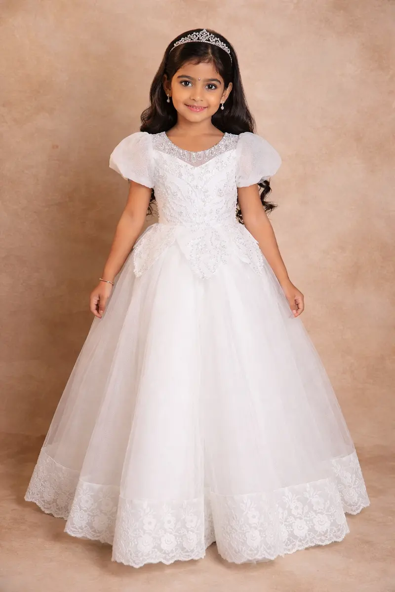 White Net Ball Gown Adorned With Floral Embroidery Featuring Puff Sleeves 1