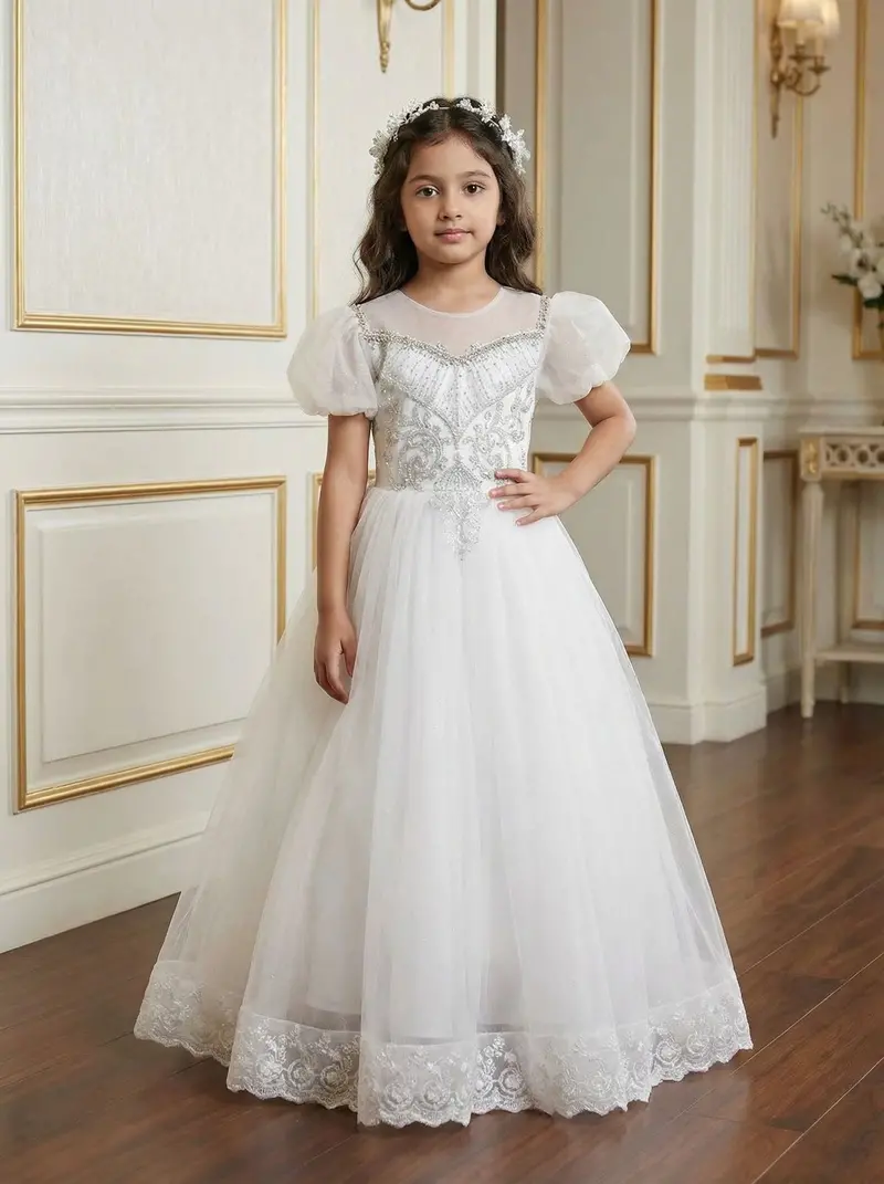 White Net Ball Gown Adorned With Floral Embroidery Featuring Puff Sleeves 1