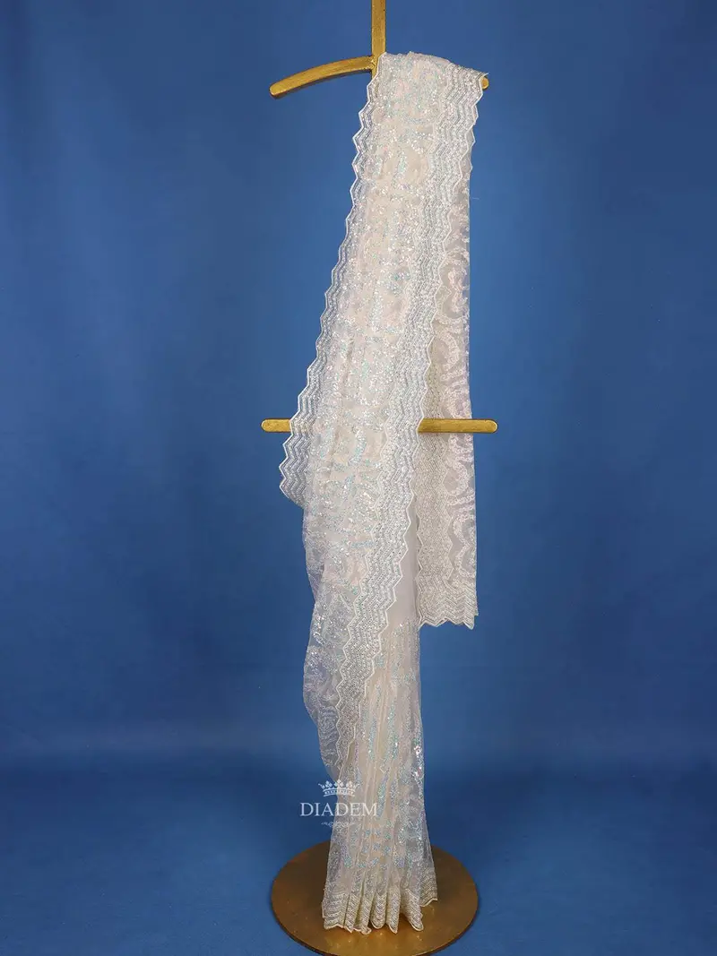 White Net Bridal Saree With Sequins Floral Design On The Body With Designed Border 1