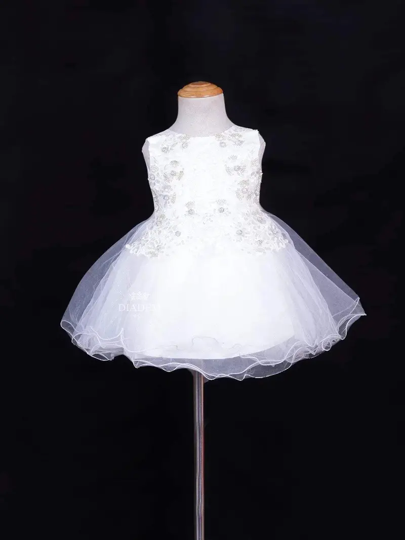White Net Frock Adorned With Floral Laces And Pearl Beads 1