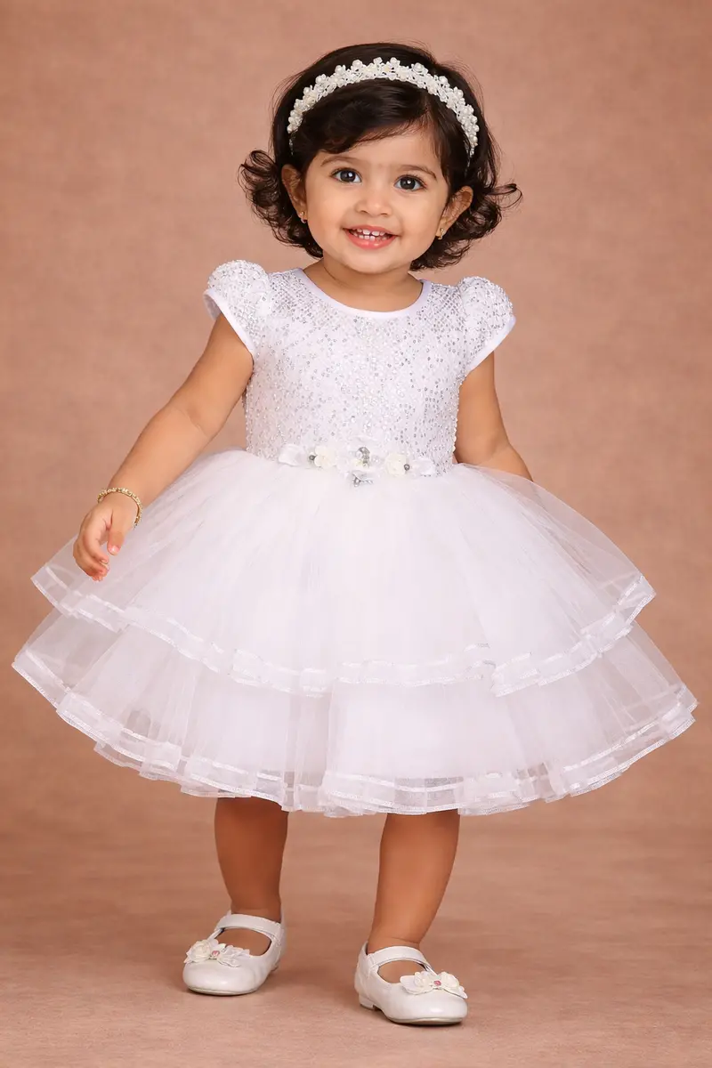 White Net Frock Embellished With Sequins And 3D Flowers 1