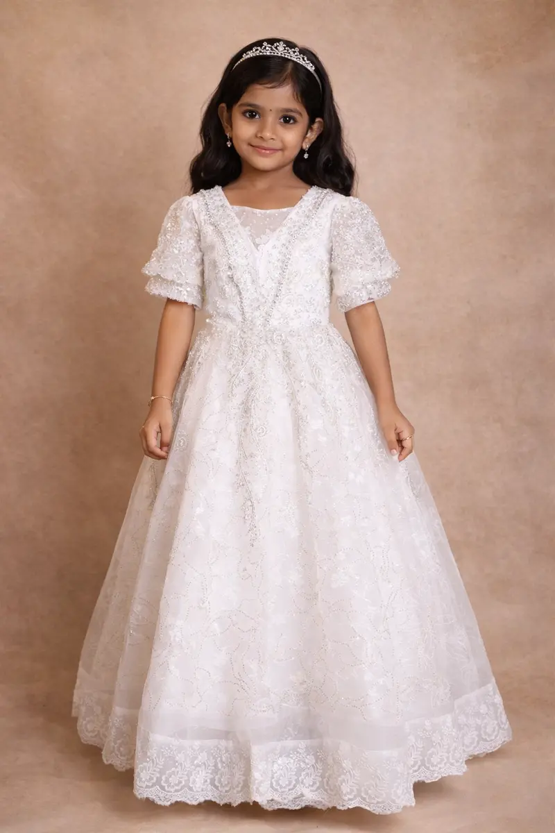 White Net Gown Adorned With Floral Embroidery Featuring Puff Sleeves 1