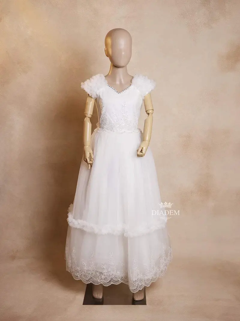 White Net Gown Adorned With Floral Embroidery Featuring Ruffled Sleeves 1