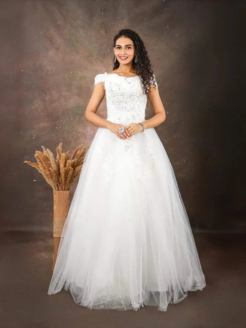 White Net Gown Embellished With Floral Thread Work Embroidery 1