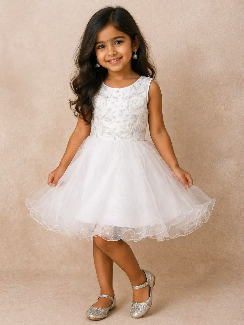 White Net Kids Frock Embellished With Floral Threadwork Embroidery And Stones 1