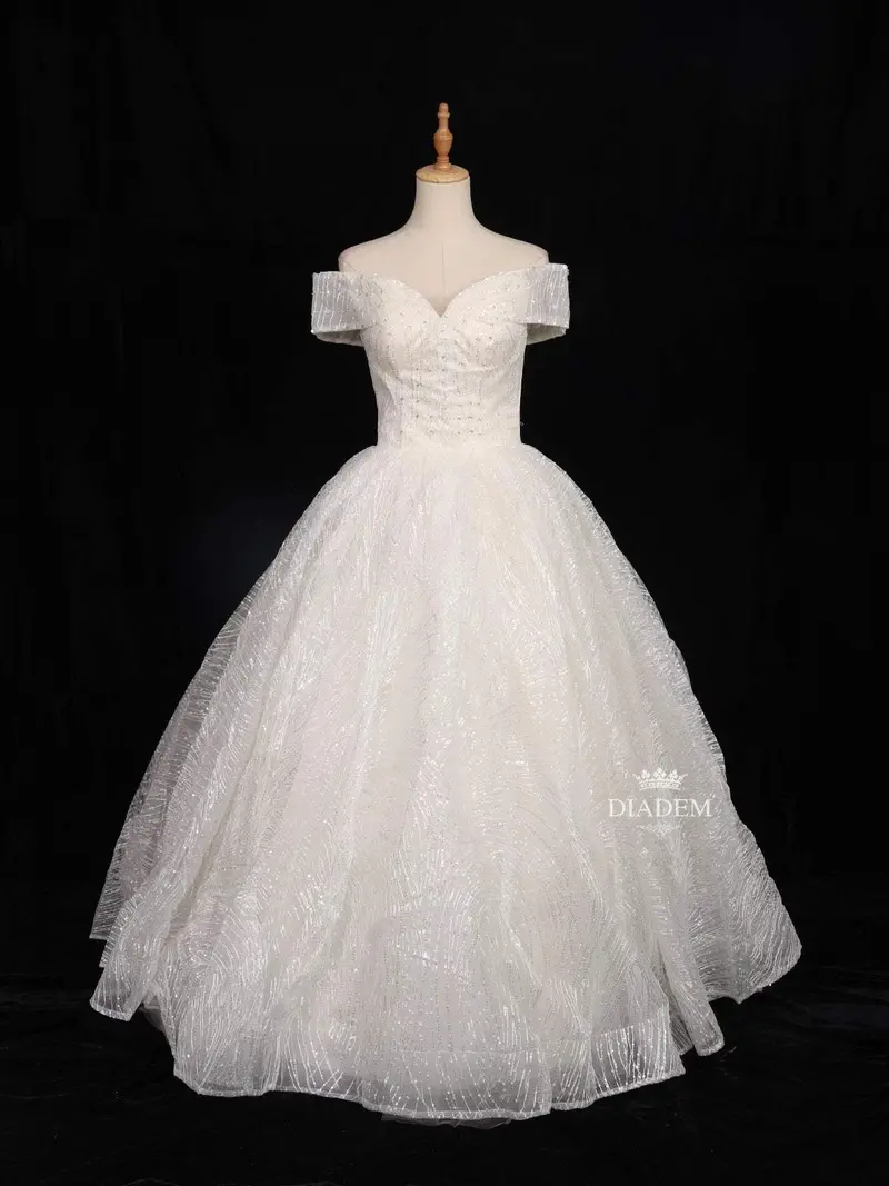White Net Off-Shoulder Ball With Floral Threadwork And Sequins Gown 1