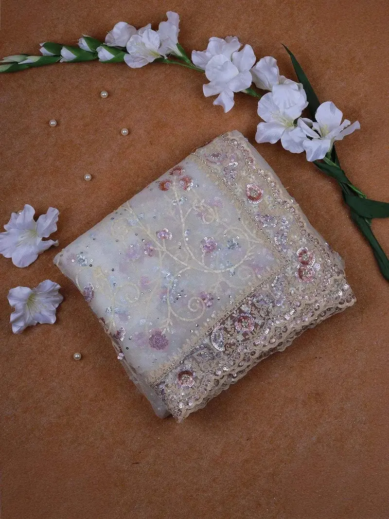 White Net Saree With Sequins And Floral Design On The Body With Embroidery Border 1