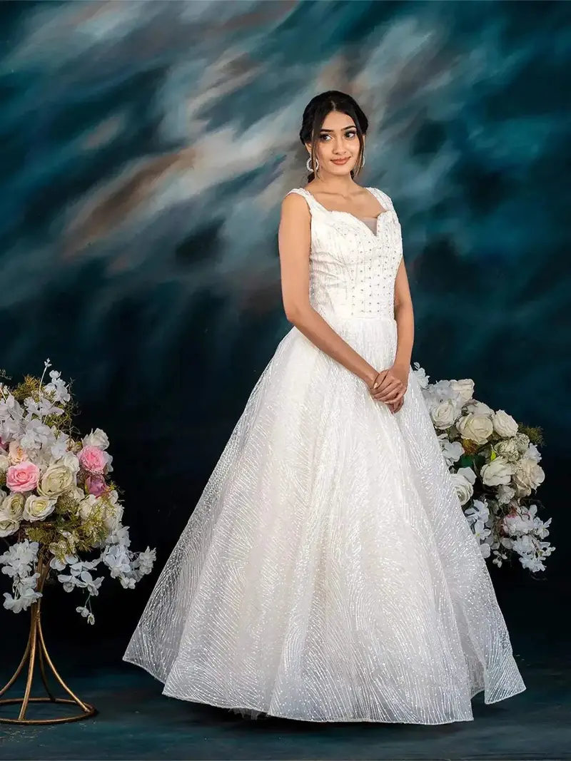 White Net With Sequins And Thread Work Gown 1