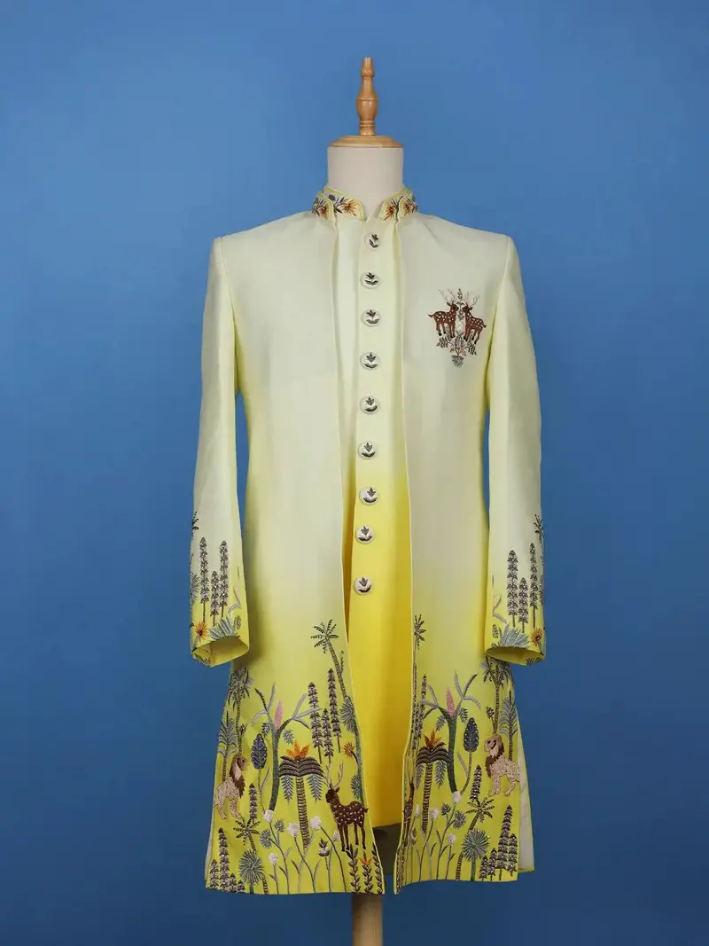 White Ombre Yellow Jungle-Themed Embroidered Polyester Sherwani Suit 1