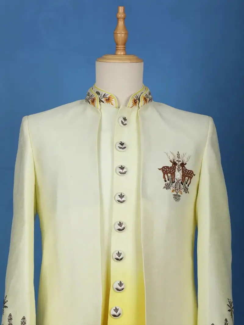 White Ombre Yellow Jungle-Themed Embroidered Polyester Sherwani Suit 2