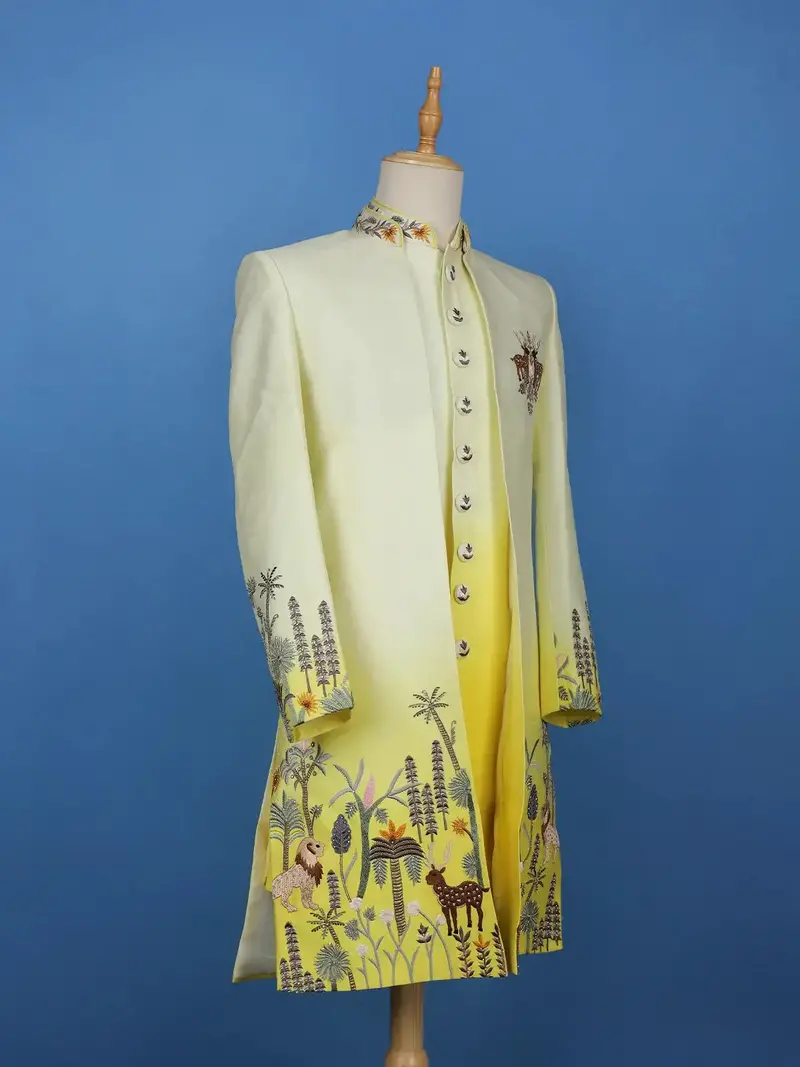 White Ombre Yellow Jungle-Themed Embroidered Polyester Sherwani Suit 3