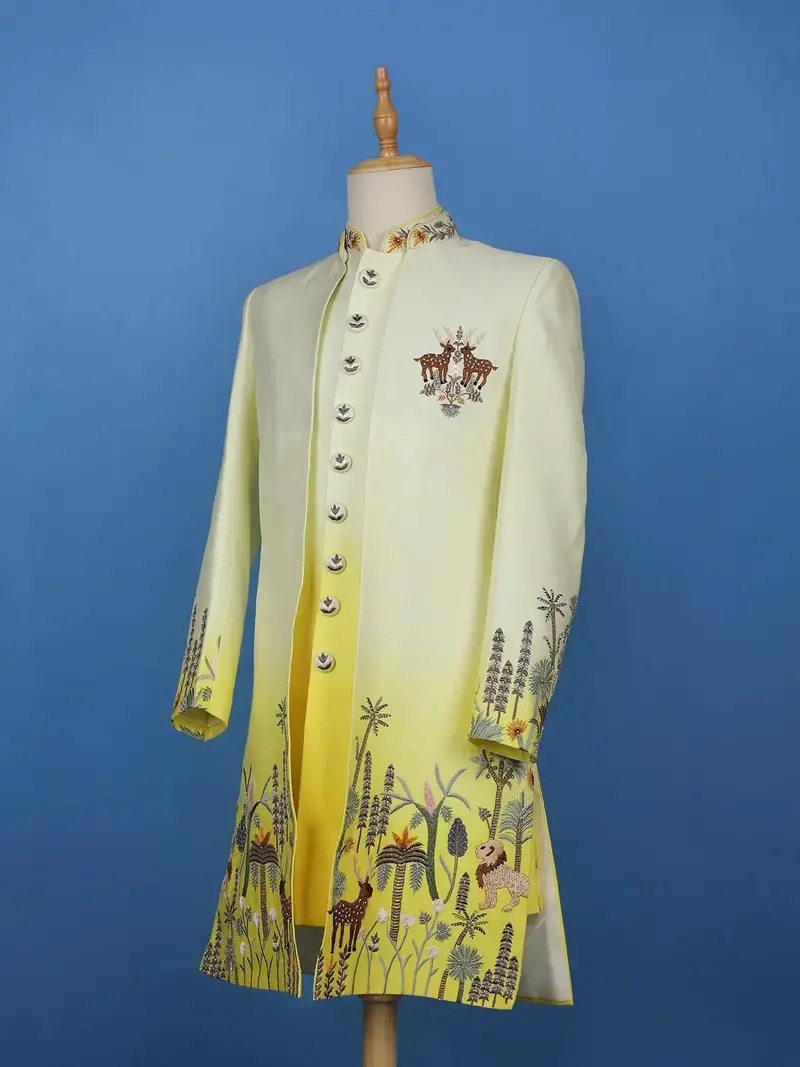 White Ombre Yellow Jungle-Themed Embroidered Polyester Sherwani Suit 4