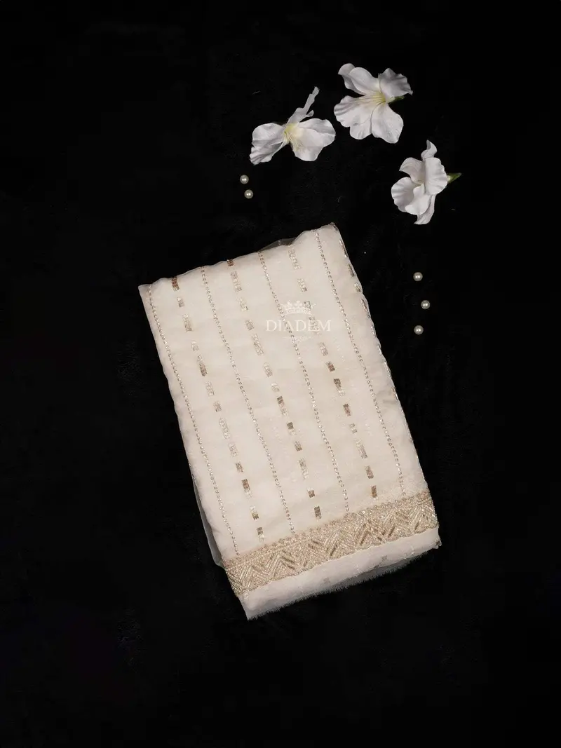 White Organza Bridal Saree With Sequins And Stripes Design On The Body With Design Border 1