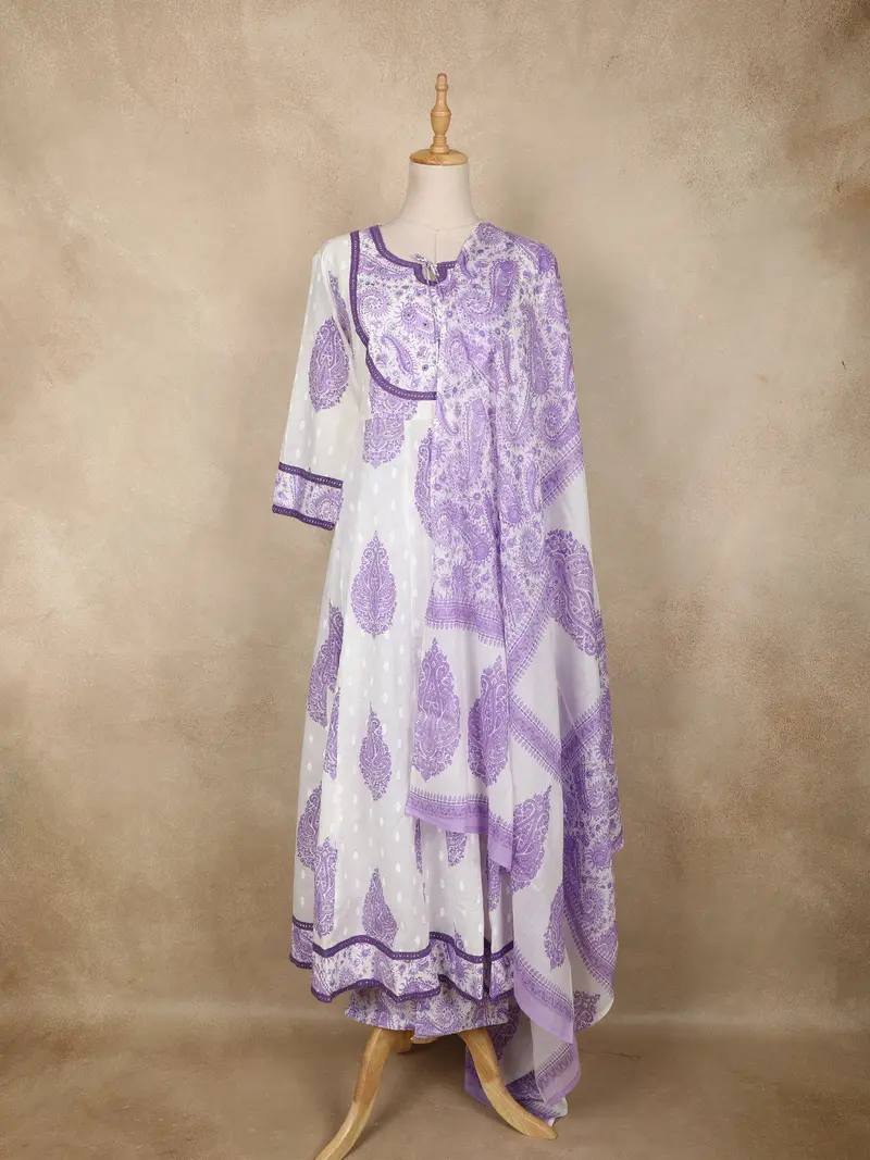 White Paisley Printed Cotton Anarkali Suit With Dupatta 1