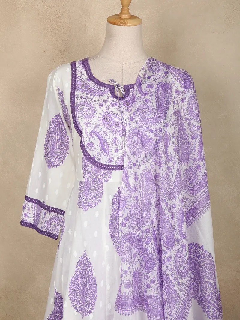 White Paisley Printed Cotton Anarkali Suit With Dupatta 2