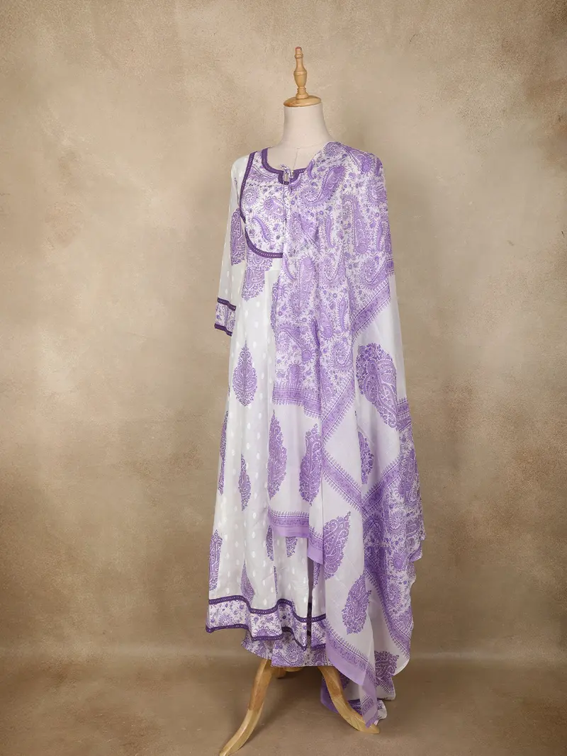 White Paisley Printed Cotton Anarkali Suit With Dupatta 3