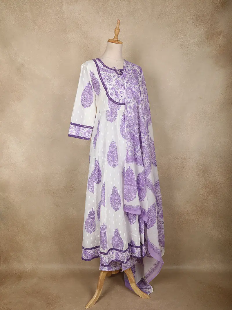 White Paisley Printed Cotton Anarkali Suit With Dupatta 4