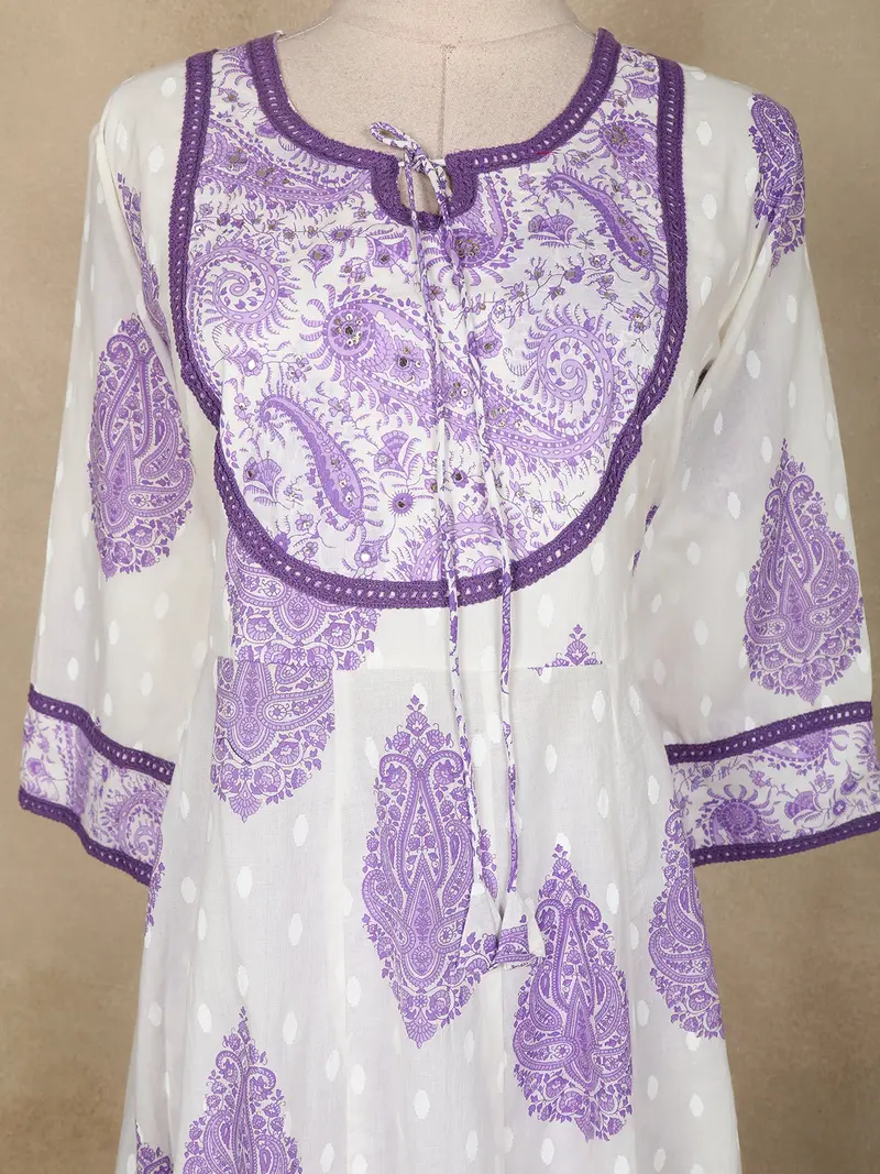 White Paisley Printed Cotton Anarkali Suit With Dupatta 5