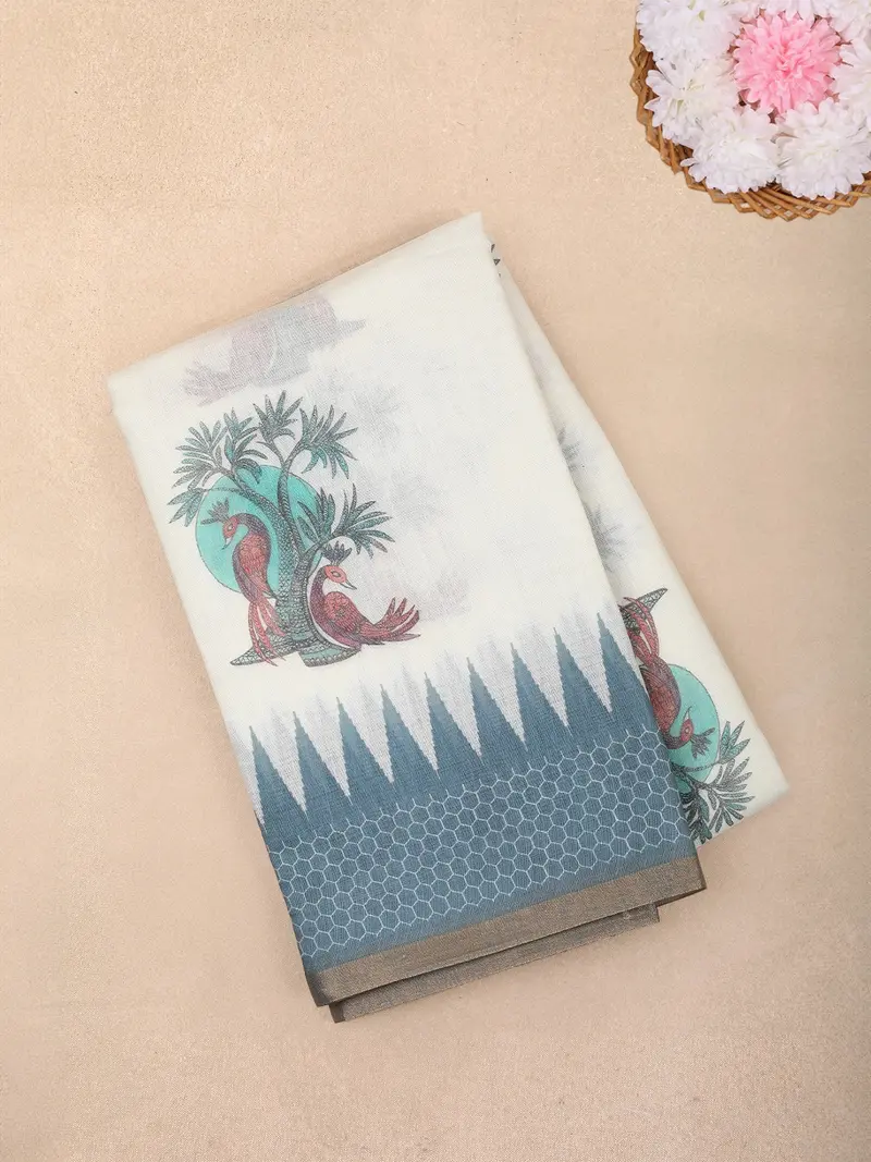 White Peacock Printed Linen Cotton Saree With Contrast Blue Border 1
