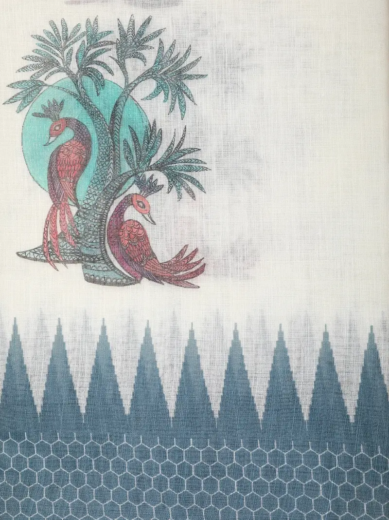 White Peacock Printed Linen Cotton Saree With Contrast Blue Border 2