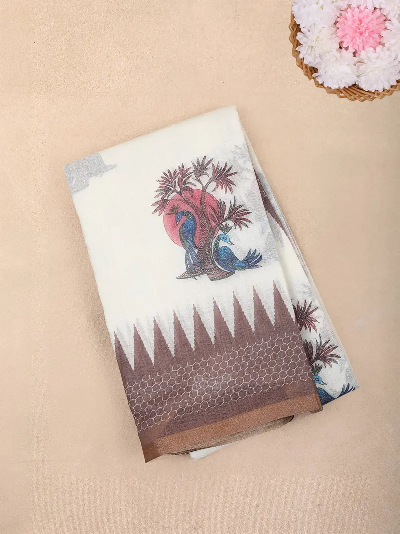 White Peacock Printed Linen Cotton Saree With Contrast Brown Woven Border 1