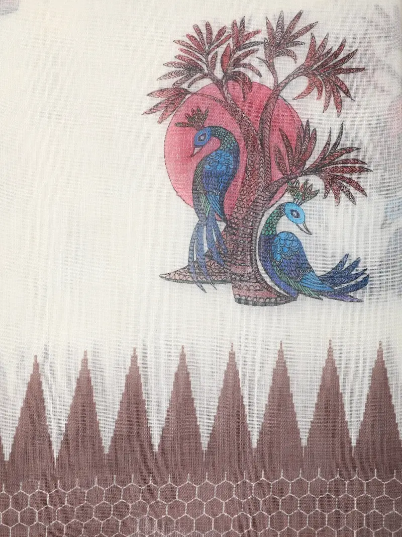 White Peacock Printed Linen Cotton Saree With Contrast Brown Woven Border 2